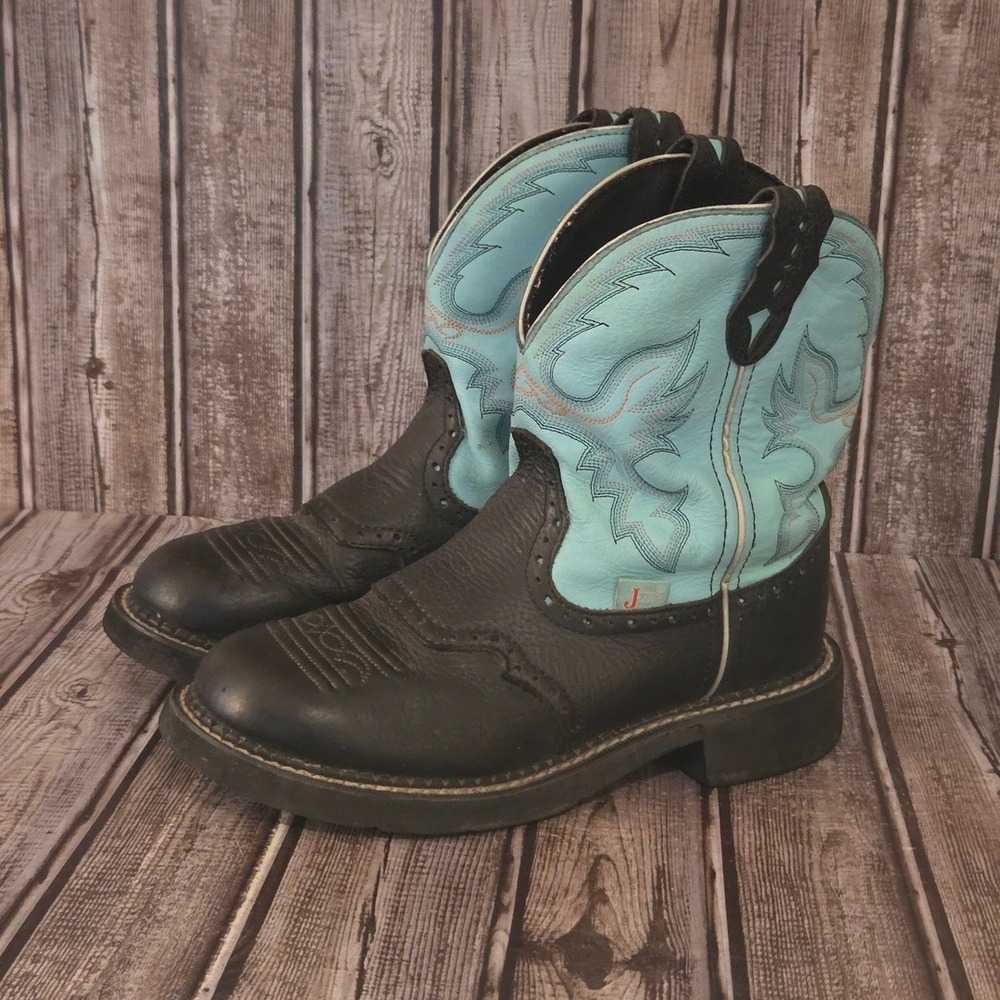 Sz 7 B Womens Justin Gypsy L9905 Black Turquoise Leather Western Cowboy Boots